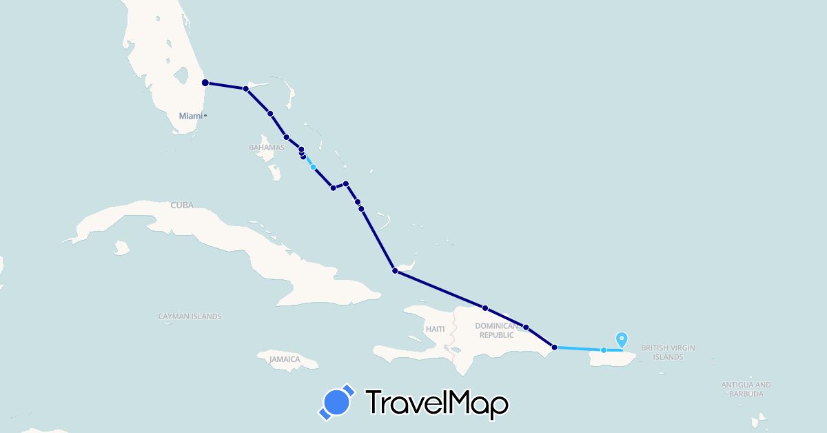 TravelMap itinerary: driving, boat in Bahamas, Dominican Republic, United States (North America)